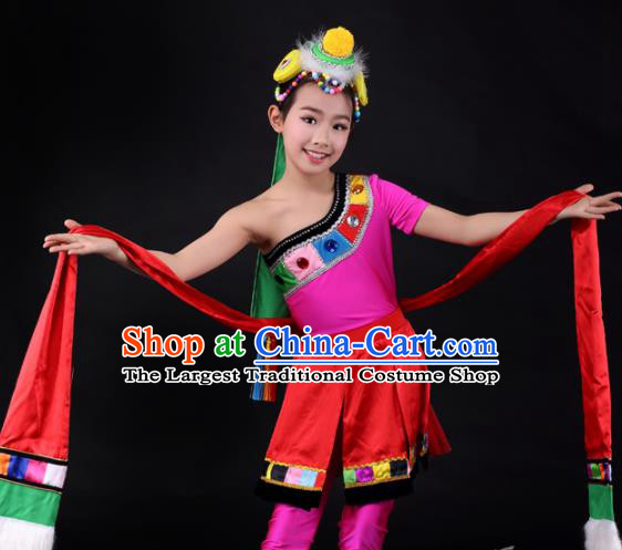 Traditional Chinese Child Zang Nationality Red Dress Ethnic Minority Folk Dance Costume for Kids