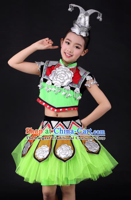 Traditional Chinese Child Miao Nationality Green Short Skirt Ethnic Minority Folk Dance Costume for Kids