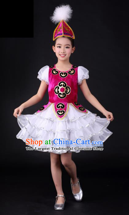 Traditional Chinese Child Kazak Nationality Short Dress Ethnic Minority Folk Dance Costume for Kids