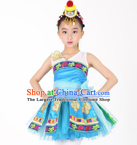 Traditional Chinese Child Mongol Nationality Blue Dress Ethnic Minority Folk Dance Costume for Kids