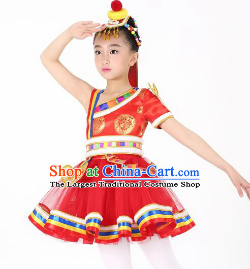 Traditional Chinese Child Zang Nationality Red Short Dress Ethnic Minority Folk Dance Costume for Kids