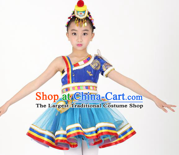 Traditional Chinese Child Zang Nationality Blue Short Dress Ethnic Minority Folk Dance Costume for Kids