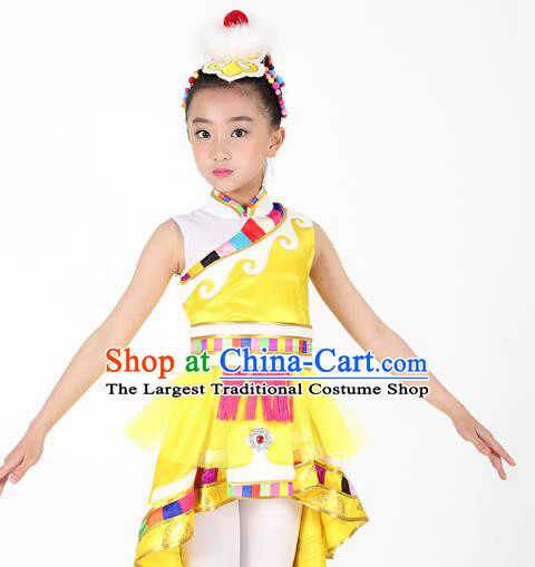 Traditional Chinese Child Zang Nationality Yellow Veil Short Dress Ethnic Minority Folk Dance Costume for Kids