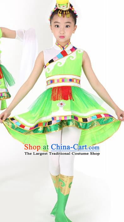 Traditional Chinese Child Zang Nationality Green Veil Short Dress Ethnic Minority Folk Dance Costume for Kids