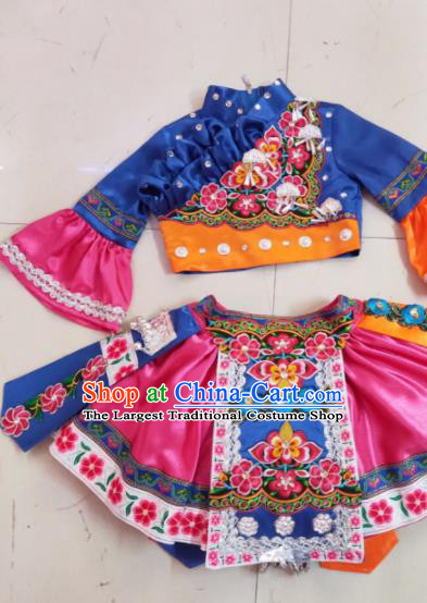 Traditional Chinese Child Yi Nationality Royalblue Short Skirt Ethnic Minority Folk Dance Costume for Kids