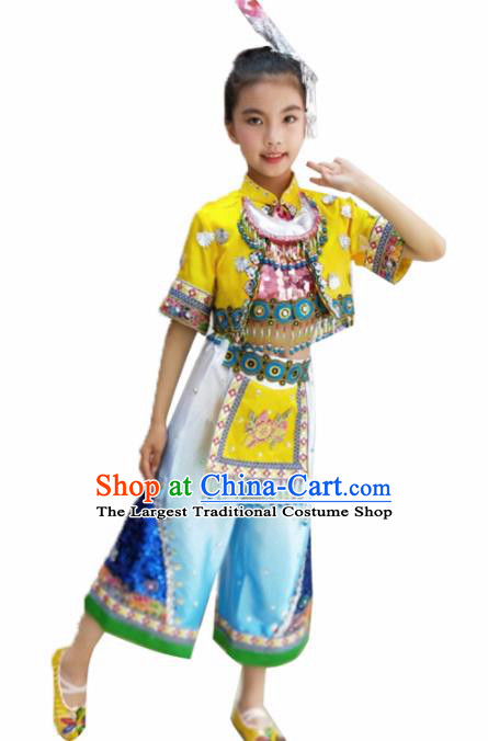 Traditional Chinese Folk Dance Yellow Outfits Spring Festival Fan Dance Yangko Dance Stage Show Costume for Kids