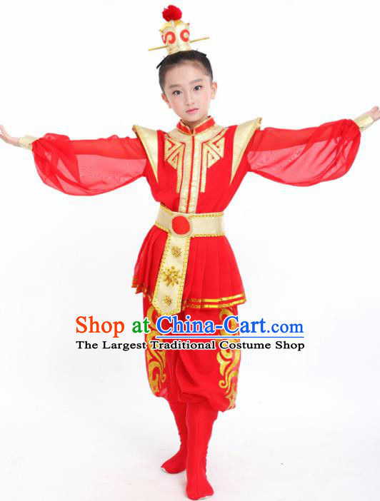 Traditional Chinese Children Classical Dance Hua Mulan Red Clothing Stage Show Costume for Kids