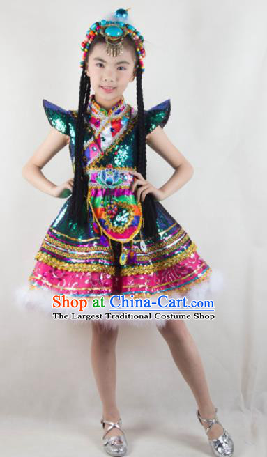 Traditional Chinese Zang Nationality Child Dress Ethnic Minority Folk Dance Costume for Kids