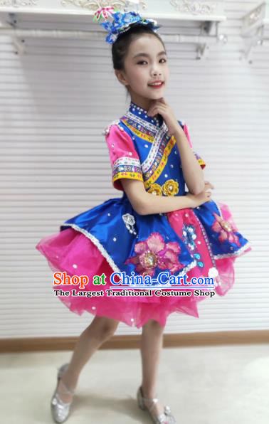 Traditional Chinese Tujia Nationality Child Rosy Dress Ethnic Minority Folk Dance Costume for Kids