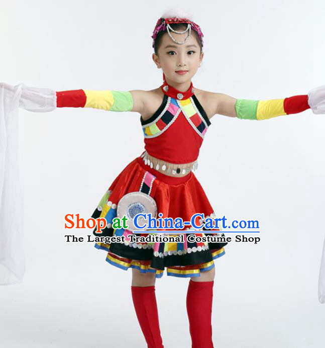 Traditional Chinese Child Zang Nationality Red Dress Ethnic Minority Folk Dance Costume for Kids