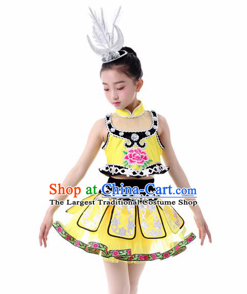 Traditional Chinese Child Miao Nationality Yellow Skirt Ethnic Minority Folk Dance Costume for Kids