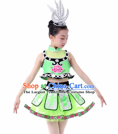 Traditional Chinese Child Miao Nationality Green Skirt Ethnic Minority Folk Dance Costume for Kids