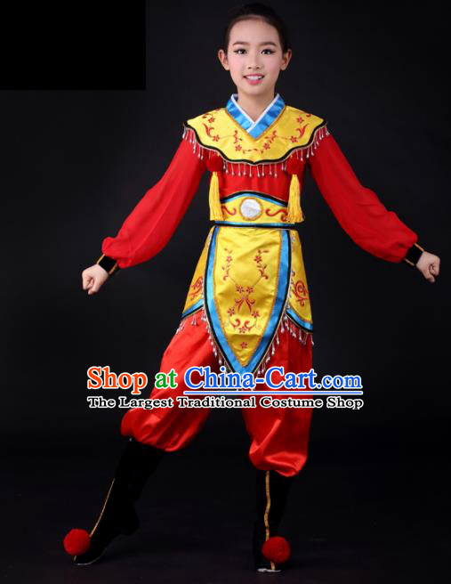 Traditional Chinese Children Classical Dance Hua Mulan Red Clothing Stage Show Costume for Kids