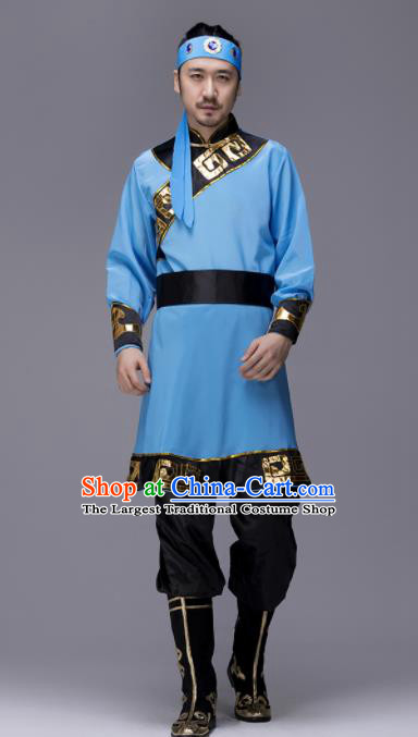 Traditional Chinese Mongol Nationality Blue Clothing Ethnic Minority Folk Dance Costume for Men