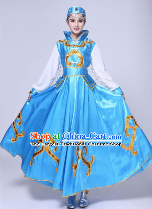 Traditional Chinese Mongol Nationality Princess Blue Dress Ethnic Minority Folk Dance Costume for Women