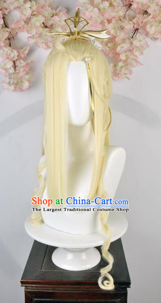 Traditional Chinese Cosplay Swordsman Yellow Wigs Sheath Ancient Taoist Prince Chignon for Men