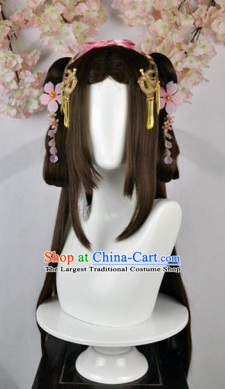 Traditional Chinese Cosplay Goddess Female Swordsman Brown Wigs Sheath Ancient Princess Chignon and Hair Accessories for Women