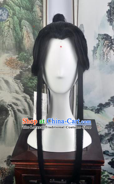 Traditional Chinese Cosplay Swordsman Chang Qin Wigs Sheath Ancient Taoist Prince Chignon for Men