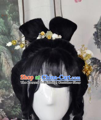 Traditional Chinese Cosplay Flowers Fairy Female Swordsman Black Wigs Sheath Ancient Princess Chignon for Women