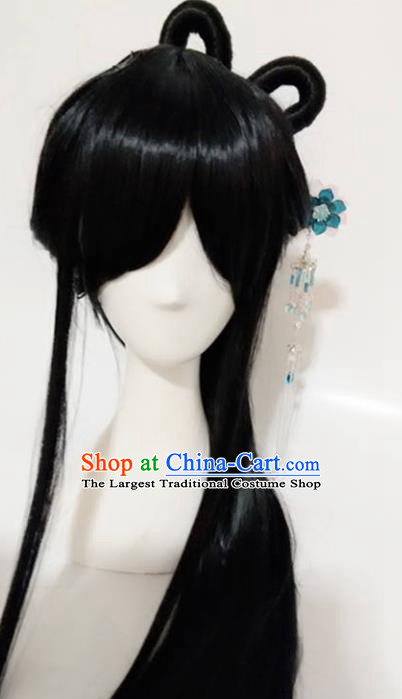 Traditional Chinese Cosplay Queen Bai Qian Black Long Wigs Sheath Ancient Female Swordsman Chignon for Women