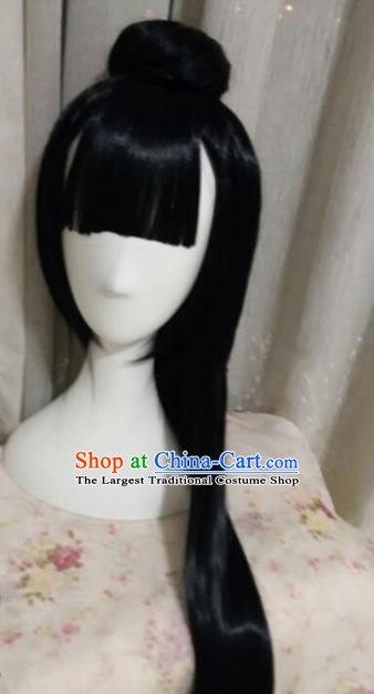 Traditional Chinese Cosplay Princess Jun Fu Black Long Wigs Sheath Ancient Female Swordsman Chignon for Women