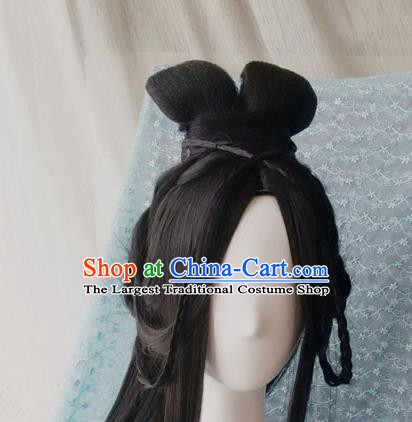 Traditional Chinese Cosplay Princess Feng Jiu Black Long Wigs Sheath Ancient Female Swordsman Chignon for Women