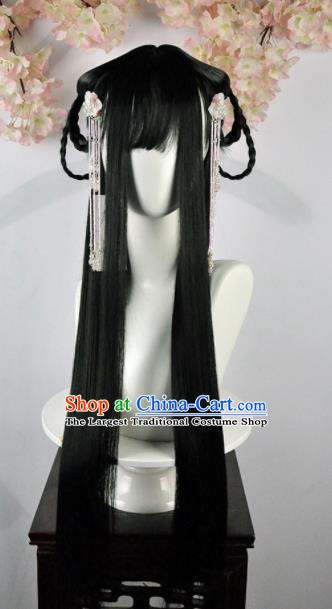 Traditional Chinese Cosplay Swordsman Black Long Wigs Sheath Ancient Goddess Chignon for Women