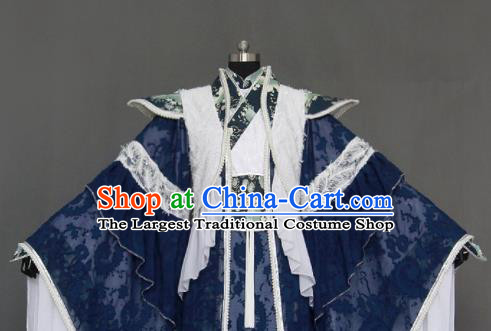 Chinese Cosplay Royal Highness Deep Blue Embroidered Costumes Ancient Swordsman Clothing for Men