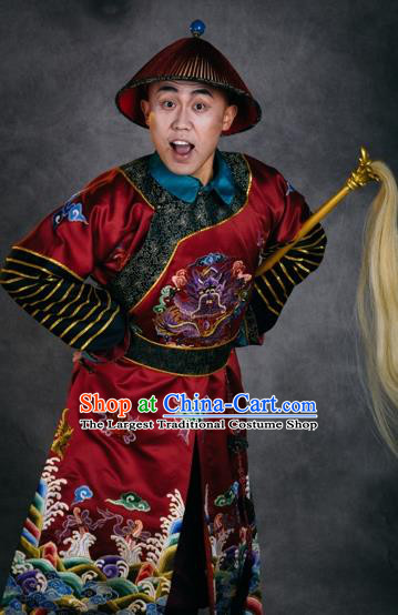 Chinese The Burning Of The Imperial Palace Ancient Qing Dynasty Eunuch Red Clothing Stage Performance Dance Costume for Men