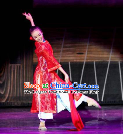 Chinese Female Embroider Folk Dance Fan Dance Red Dress Stage Performance Costume and Headpiece for Women