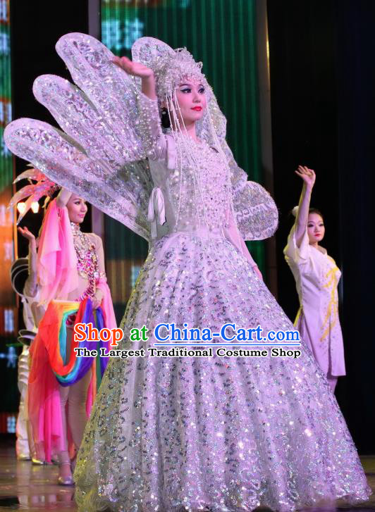 Chinese Night Of West Lake Classical Flower Dance White Dress Stage Performance Costume and Headpiece for Women