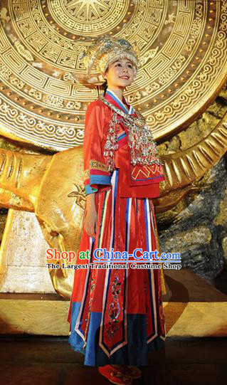 Chinese Ayiduo Miao Nationality Dance Red Dress Stage Performance Costume and Headpiece for Women