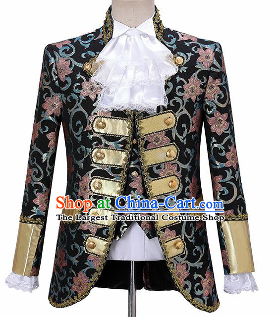 Traditional England Prince Costumes European Court Jacquard Weave Red Flowers Vest Coat Clothing for Men