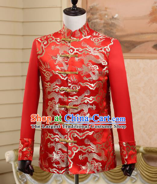 Traditional Chinese Tang Suit Costumes Wedding Dragon Red Overcoat for Men