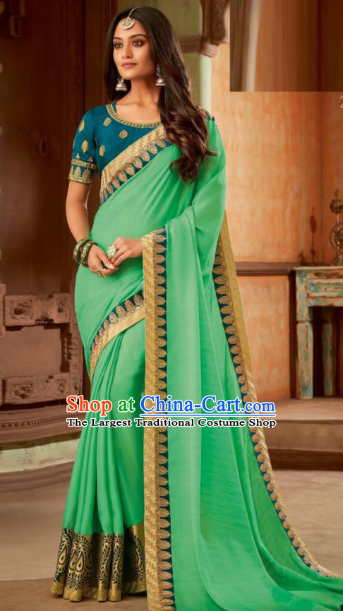 Asian India Traditional Costume Indian Bollywood Embroidered Light Green Silk Sari Dress for Women