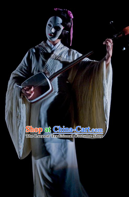 The Legend of Chunqin Shaoxing Opera Japan Kabuki White Kimono Dress Stage Performance Costume and Headpiece for Women