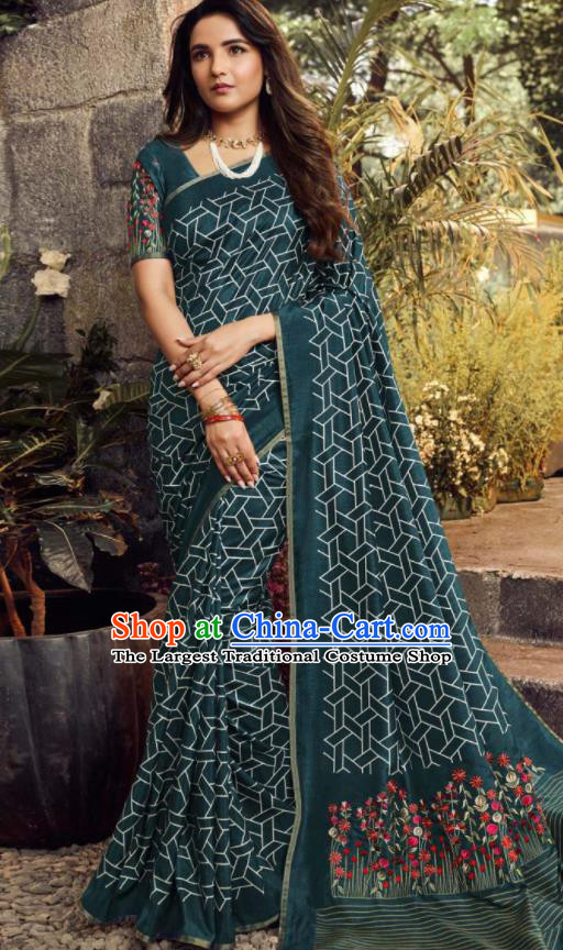 Asian India Traditional Sari Costumes Indian Bollywood Embroidered Peacock Green Silk Dress for Women