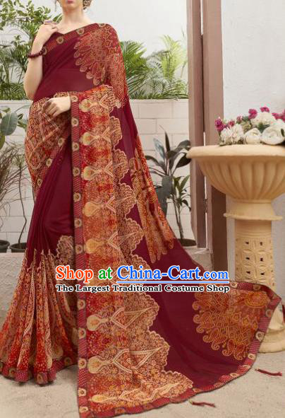 Asian Indian Bollywood Dark Red Saree Dress India Traditional Costumes for Women