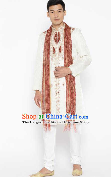 Asian Indian Wedding Embroidered Beige Clothing India Traditional Bridegroom Costumes Complete Set for Men