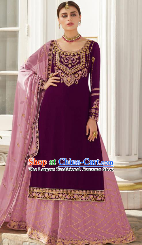 Asian Indian Bride Embroidered Purple Blouse and Skirt India Traditional Lehenga Choli Costumes Complete Set for Women