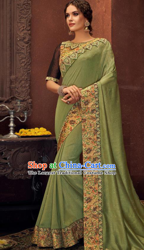 Asian Indian Court Green Silk Embroidered Sari Dress India Traditional Bollywood Costumes for Women