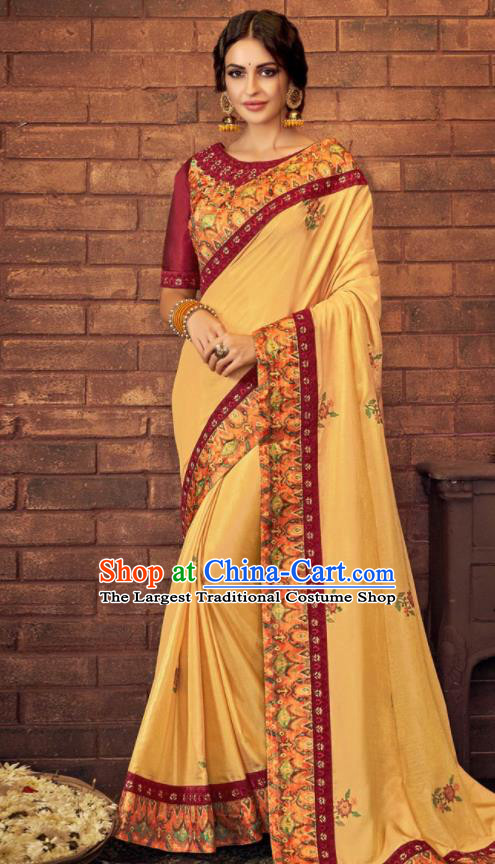 Asian Indian Court Yellow Silk Embroidered Sari Dress India Traditional Bollywood Costumes for Women