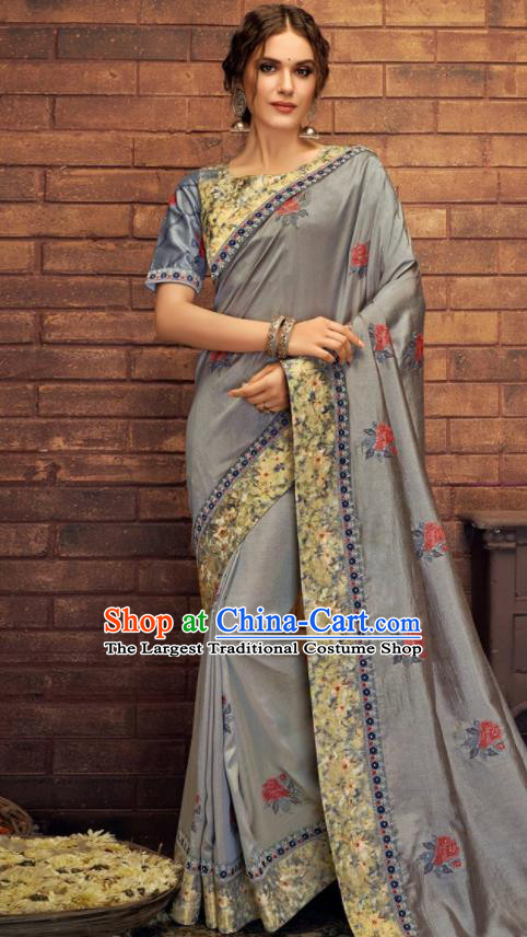 Asian Indian Court Grey Blue Silk Embroidered Sari Dress India Traditional Bollywood Costumes for Women