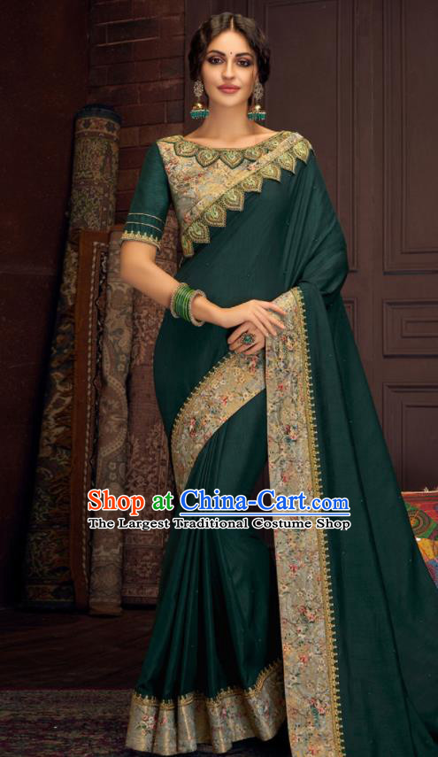 Asian Indian Court Atrovirens Silk Embroidered Sari Dress India Traditional Bollywood Costumes for Women