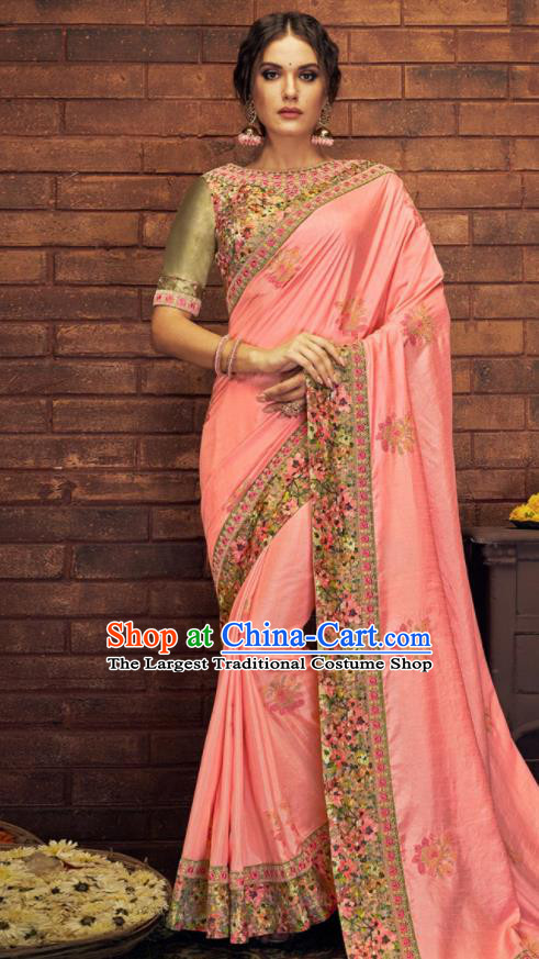 Asian Indian Court Light Pink Silk Embroidered Sari Dress India Traditional Bollywood Costumes for Women