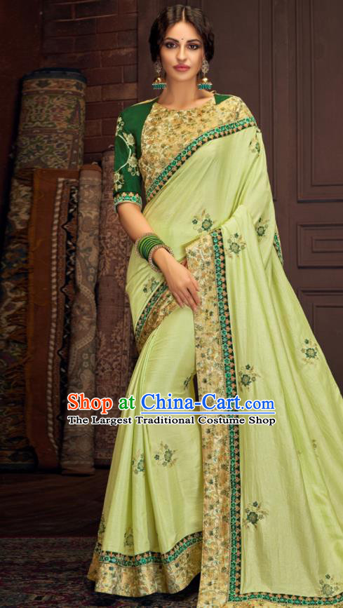 Asian Indian Court Light Green Silk Embroidered Sari Dress India Traditional Bollywood Costumes for Women