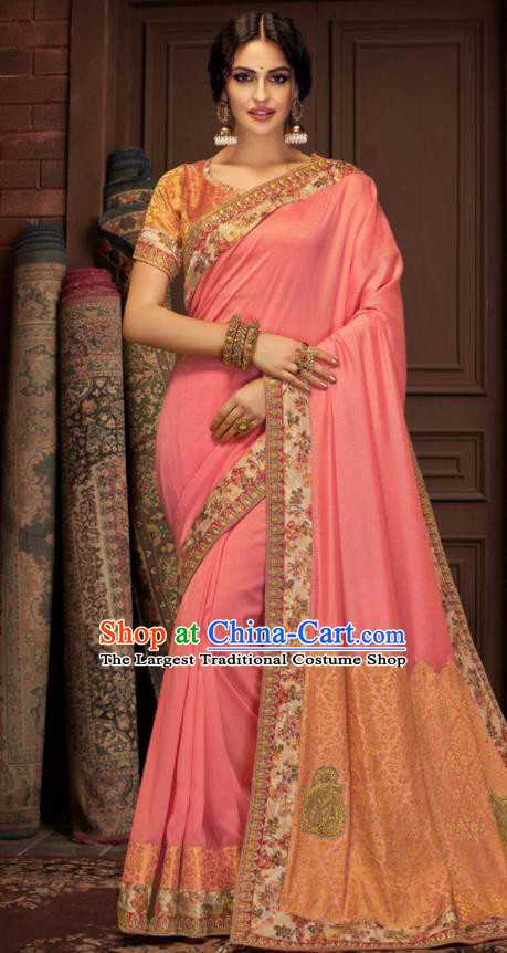 Asian Indian Court Pink Silk Embroidered Sari Dress India Traditional Bollywood Costumes for Women