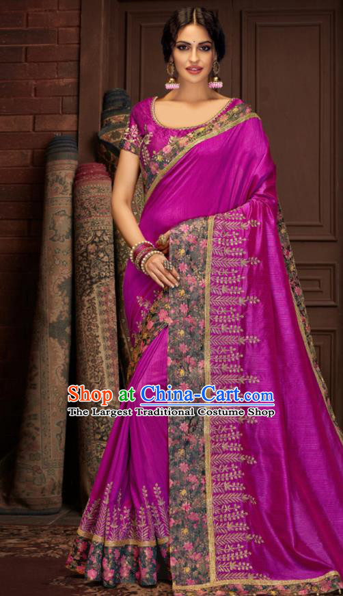 Asian Indian Court Purple Silk Embroidered Sari Dress India Traditional Bollywood Costumes for Women