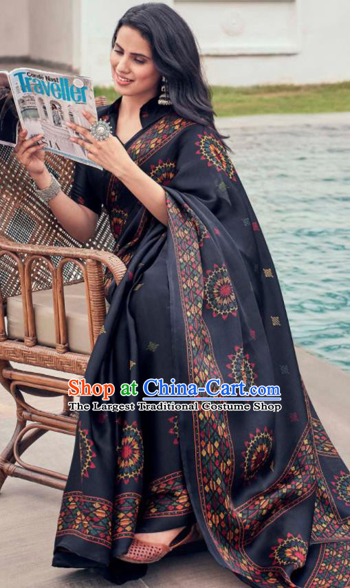 Asian Indian Court Black Tussar Silk Sari Dress India Traditional Bollywood Costumes for Women