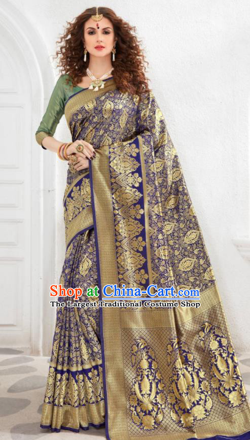 Asian Indian Court Royalblue Silk Sari Dress India Traditional Bollywood Costumes for Women